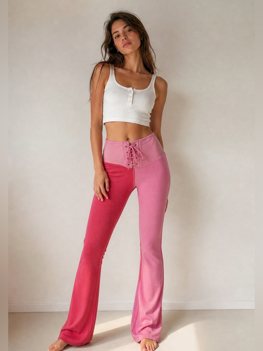 LoveShackFancy x Beach Riot Lace-Up Colorblock Leggings Pink Red SMALL